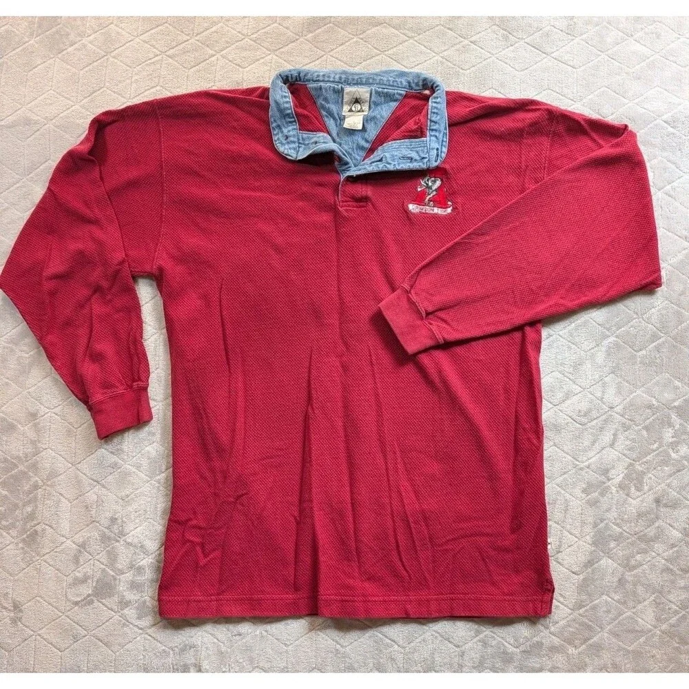 Vintage Roll Tide Football Cross Basics Waffle Knit Henley Large Red And Denim